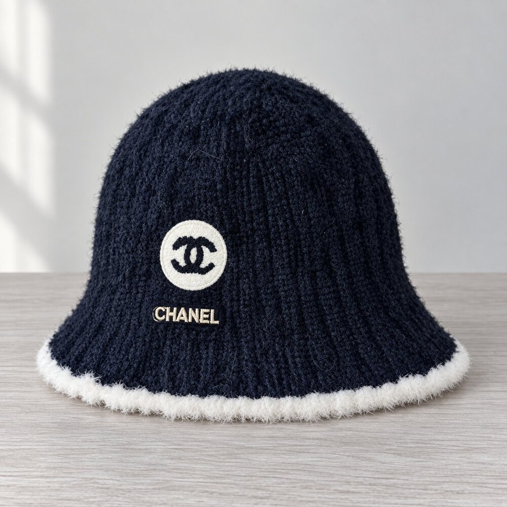 CHANEL Shearling Trim Knit Beanie